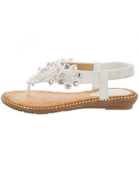 Ruiatoo Flats Sandals for Women Bohemia T-strap Summer Ladies Comfort Sandals with Rhinestone Flower Flip Flops