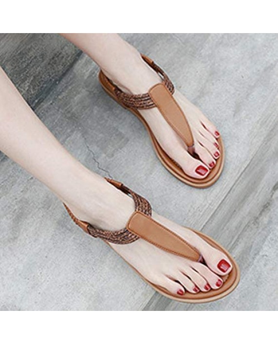 SHIBEVER Women Flat Thong Sandals Summer Casual Ankle T-Strap Elastic Walking Beach Flat Shoes Sandals