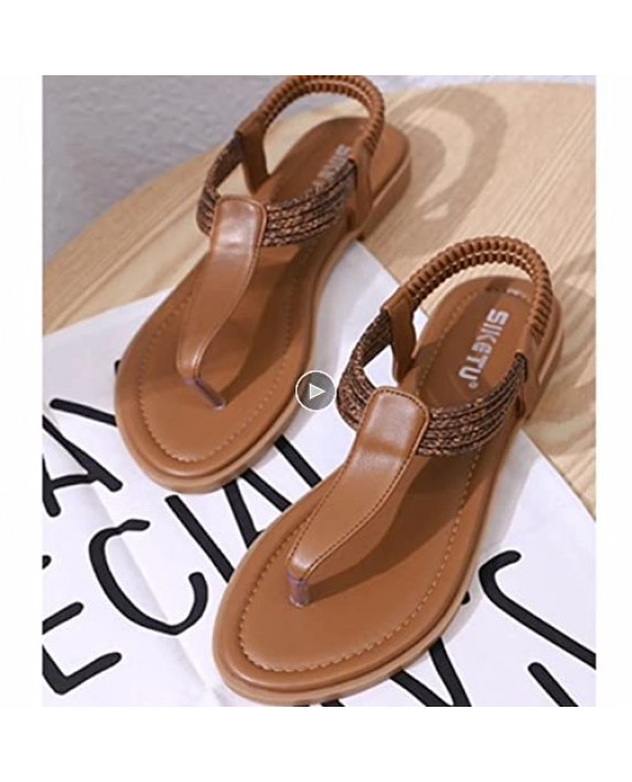 SHIBEVER Women Flat Thong Sandals Summer Casual Ankle T-Strap Elastic Walking Beach Flat Shoes Sandals