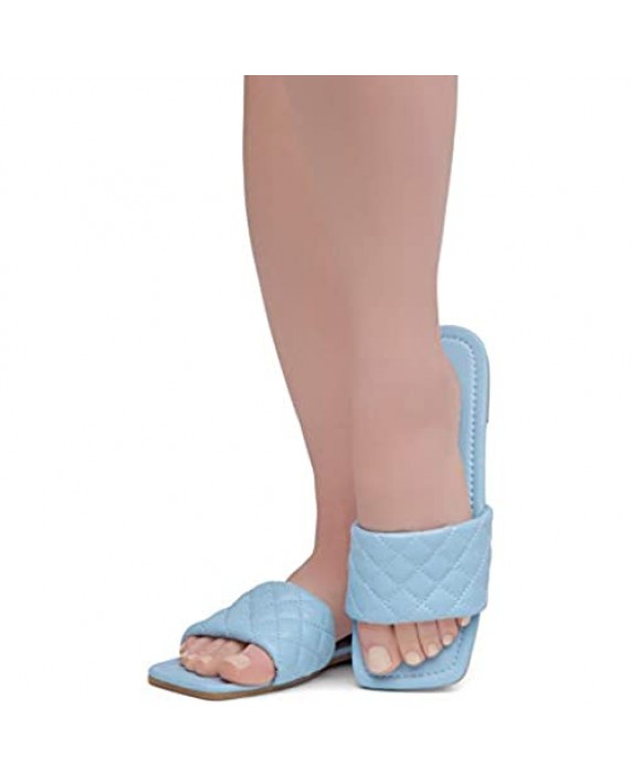 Shoe Land Anisha Women's Square Open Toe Slides Cute Quilted Single Band Slip on Flat Sandals
