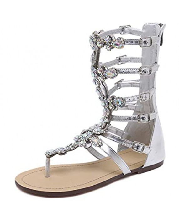 Stupmary Women's Gladiator Sandals Flat Heels Flip Flops Sandalias Crystal Floral Beach Shoes
