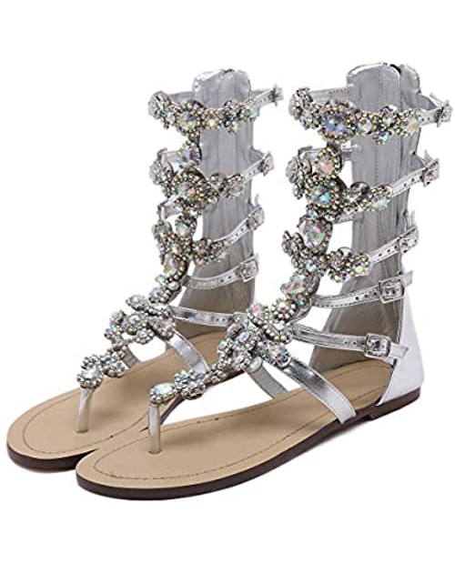Stupmary Women's Gladiator Sandals Flat Heels Flip Flops Sandalias Crystal Floral Beach Shoes