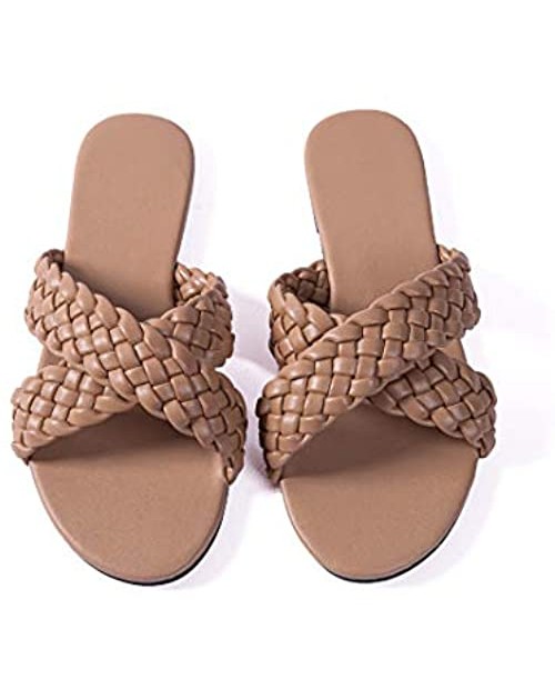 Women Flat Sandals Woven Leather Crossover Quality Handmade Weave Slides Summer Flip-Flops
