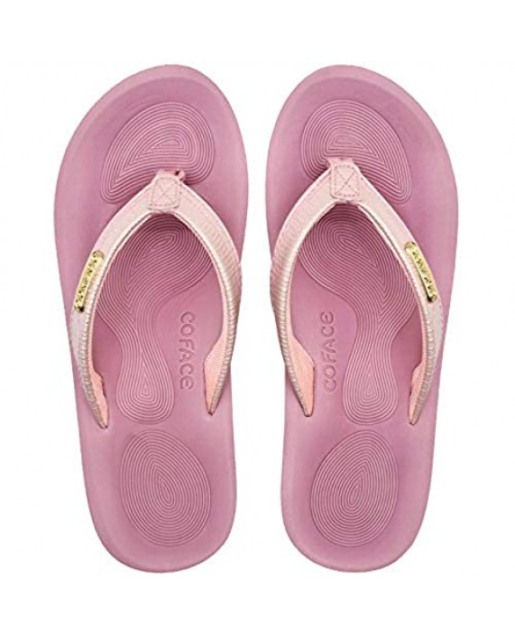 COFACE Leather Flip Flops for Women with Comfortable Arch Support Ladies Fashion Platform Thong Sandals Soft Yoga Mat Sole for Beach/Indoor Outdoor