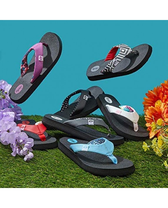 Floopi Classic Summer Flip Flop Thong Sandals for Women-Comfort Strap and Yoga Mat Padding Insoles for Support-Printed Soft Jersey Lining Non Slip Soles