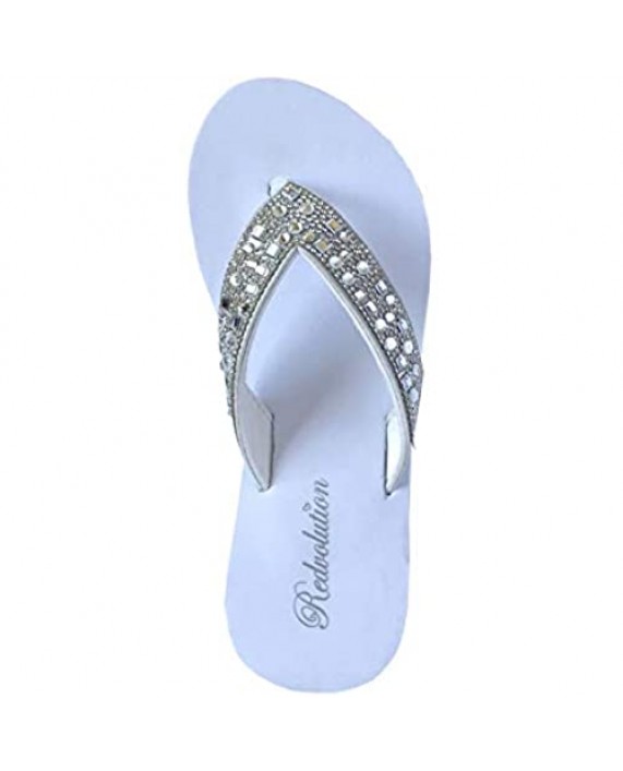REDVOLUTION New Women's Rhinestone Sandals High | Low Platform T-Strap Jewel Sandals High Wedge Flip Flops