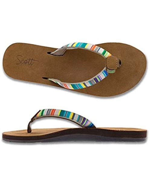 Scott Hawaii Women's Punakea Sandal | Ladies Flip Flop with Leather Footbed Arch Support and Colorful Rainbow Neoprene Comfort Strap