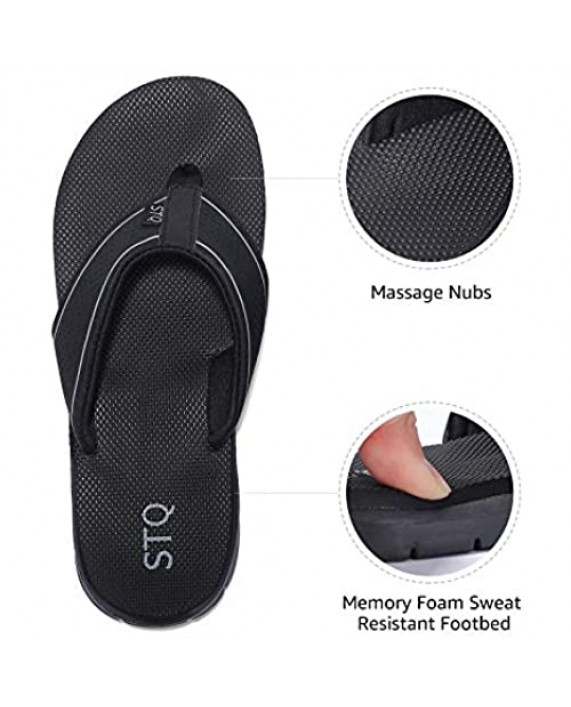 STQ Flip Flops for Women Comfortable Memory Foam Slip Resistant Thong Sandals for Beach All Black 8