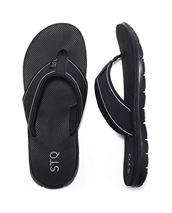 STQ Flip Flops for Women Comfortable Memory Foam Slip Resistant Thong Sandals for Beach All Black 8
