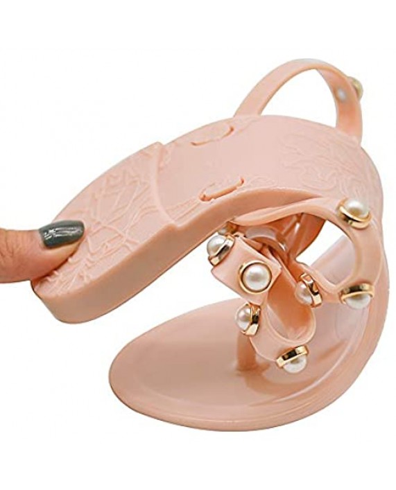 TENGYUFLY Womens Rivets Bowtie Flip Flops Jelly Thong Sandal Rubber Flat Summer Beach Rain Shoes Pearls