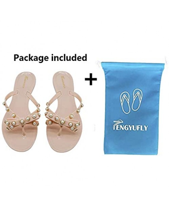 TENGYUFLY Womens Rivets Bowtie Flip Flops Jelly Thong Sandal Rubber Flat Summer Beach Rain Shoes Pearls