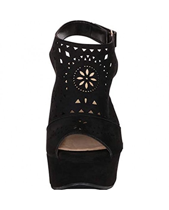 Cambridge Select Women's Peep Toe Perforated Laser Cutout Slingback Chunky Platform Wedge Sandal