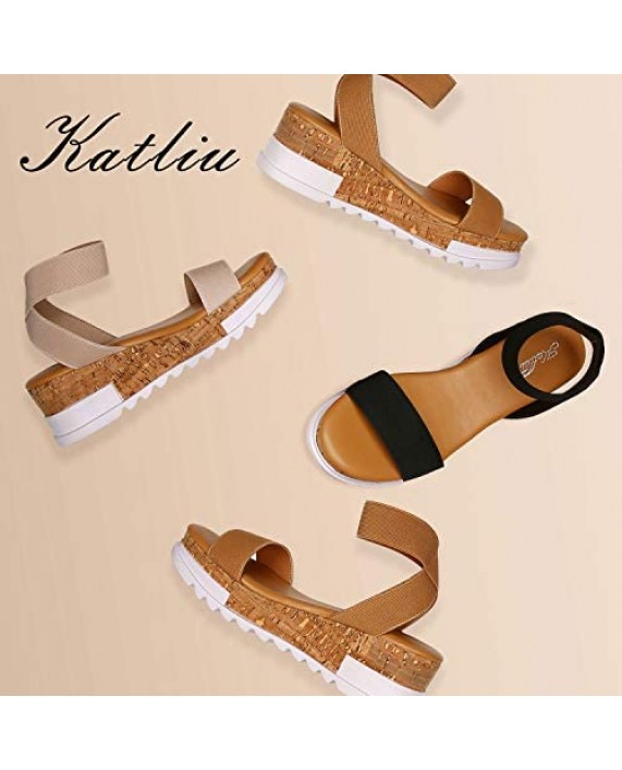 Katliu Women's Wedge Platform Sandals Elastic Ankle Strap Cork Platform Sandals