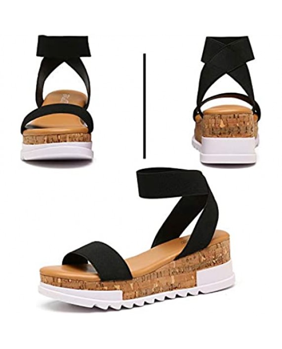 Katliu Women's Wedge Platform Sandals Elastic Ankle Strap Cork Platform Sandals