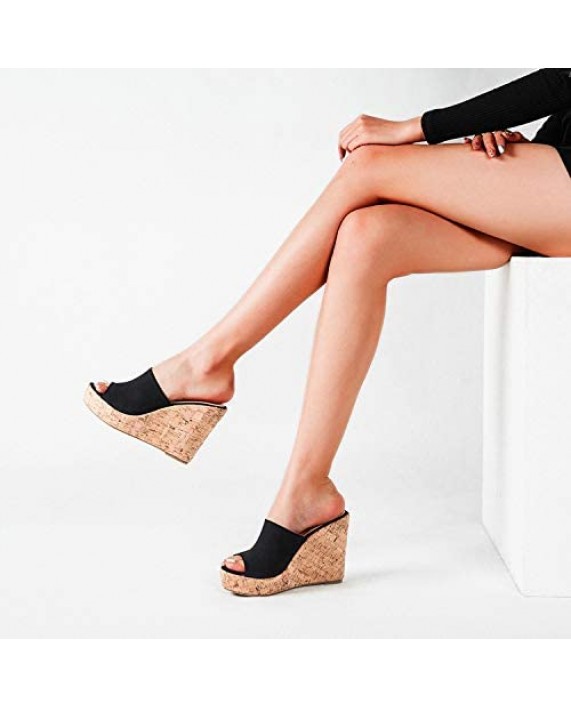 LEHOOR Cork Wedge Mules for Women Platform Slide Sandals Peep Toe High Wedge 4.5Inch Slippers Microfiber Suede 6-11 M US
