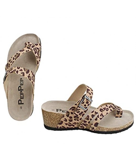 PEPPEP Cork Slip on Low Wedge Sandals for Women or Ladies Cute Dress Wedge Shoes with Leopard Print or Rose Gold Strap Real Suede and Memory Foam Insole Extremely Comfortable