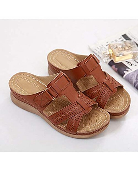 SHIBEVER Leather Slipper Summer Comfortable Vintage Casual Beach Open Toe Slip on Mules Wedge Sandals
