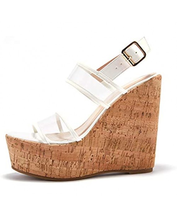 Women's Clear Band Cork Wedges Open Toe Buckle Ankle Strap Heeled Shoes