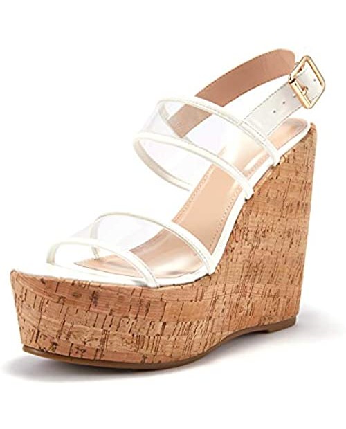 Women's Clear Band Cork Wedges Open Toe Buckle Ankle Strap Heeled Shoes