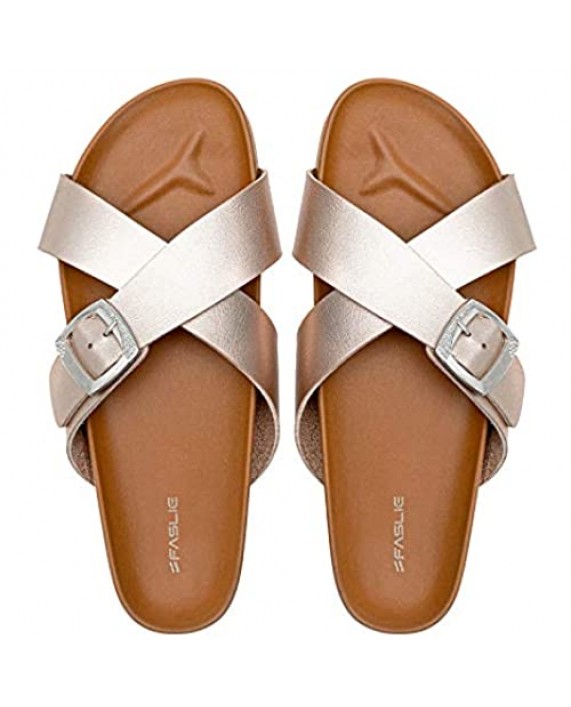 Faslie Women's Cross Band Slide Comfort Leather Sandals Criss-Cross Strap Summer Flat Shoes with Cushion Bounce Footbed