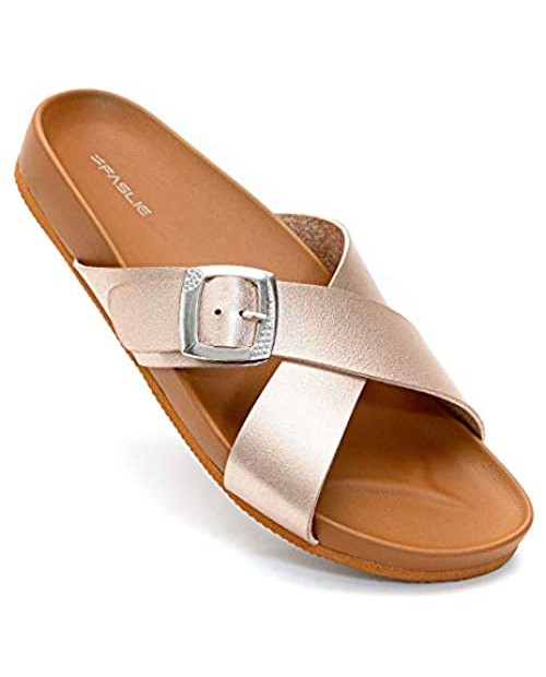 Faslie Women's Cross Band Slide Comfort Leather Sandals Criss-Cross Strap Summer Flat Shoes with Cushion Bounce Footbed