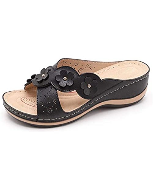 HylianZ Women's Platform Wedge Comfort Cross Strap Flowers Slide Sandals-Shock Absorbtion Breathable Holes Arch Support Footbed Indoors Or Outdoors Slip On