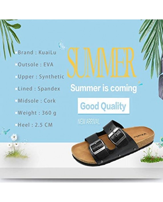 KUAILU Women's Comfy Cork Footbed Sandals Ladies Bright Color Slides Sandals Suede Leather Two Strap Slip On Shoes