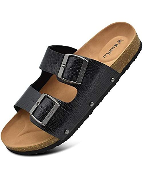 KUAILU Women's Comfy Cork Footbed Sandals Ladies Bright Color Slides Sandals Suede Leather Two Strap Slip On Shoes