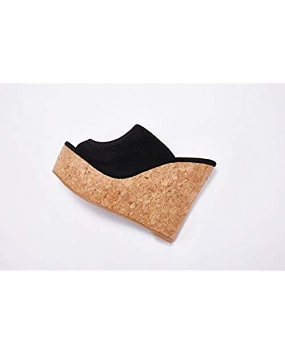 LAICIGO Womens Wedge Platform Slide on Sandals Open Toe Cork Faux Suede Dress Summer Slippers Shoes