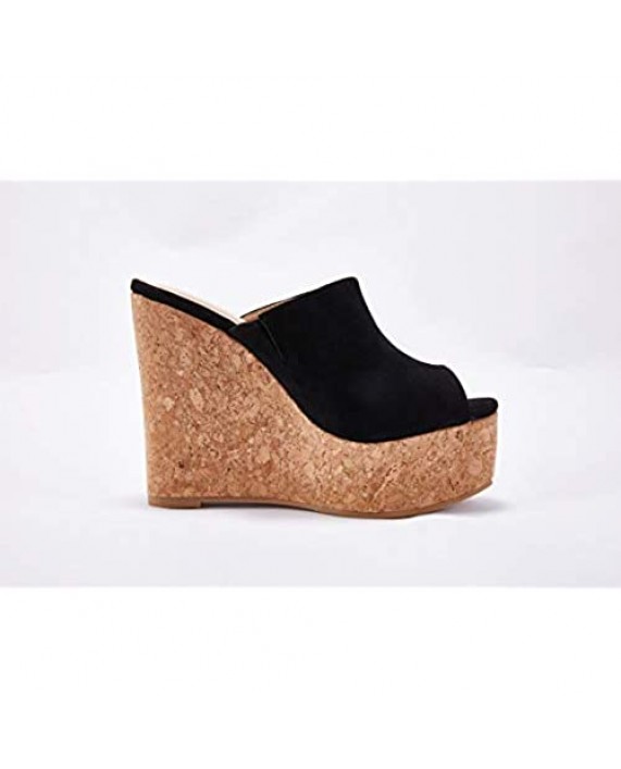 LAICIGO Womens Wedge Platform Slide on Sandals Open Toe Cork Faux Suede Dress Summer Slippers Shoes