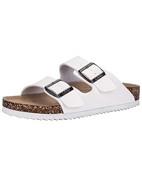 LAVAU Women Arizona Two Strap Sandals Cork Leather Slip on Flat Slides with Footbed and Buckle
