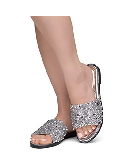 Shoe Land SL-Joli Women's Open Toe Rhinestone Flat Sandals Glitter Slide Slip On Shoes
