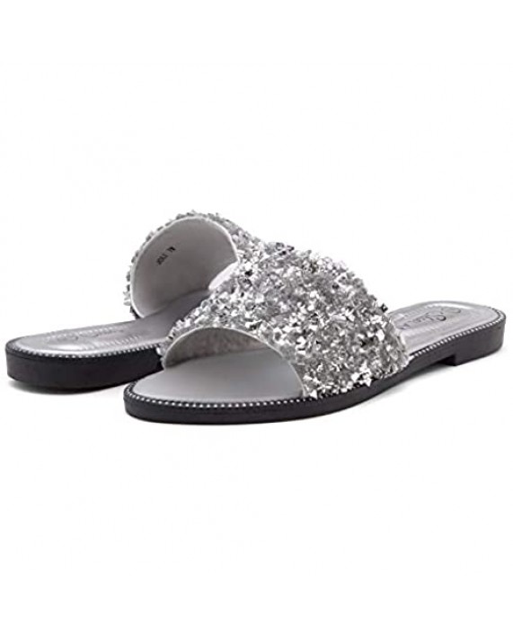 Shoe Land SL-Joli Women's Open Toe Rhinestone Flat Sandals Glitter Slide Slip On Shoes