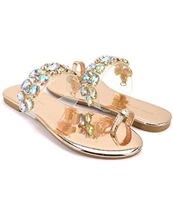 Shoe Republic LA Women's Slide Open Toe Flat Sandals with Clear Rhinestone Flip Flops Fashion Casual Slip On Party Shoes