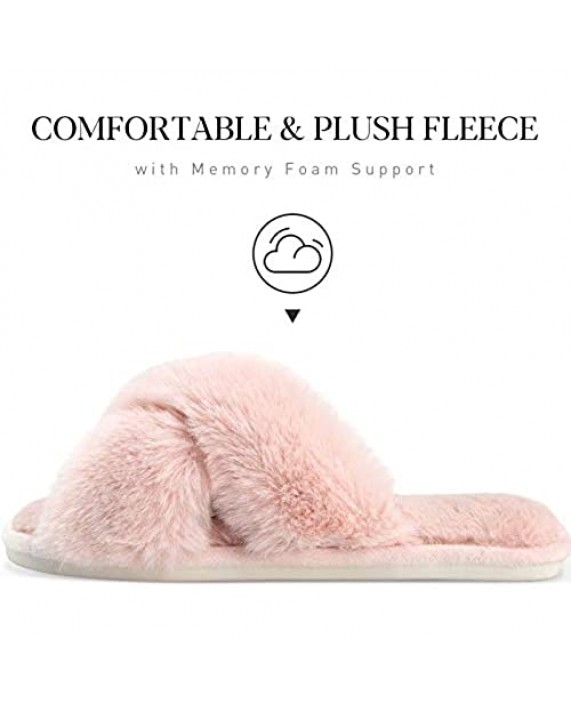 Cozyfurry Women's Fuzzy Slippers Cross Band Soft Plush Cozy House Shoes Furry Open Toe Indoor or Outdoor Slip on Warm Breathable Anti-Skid Sole