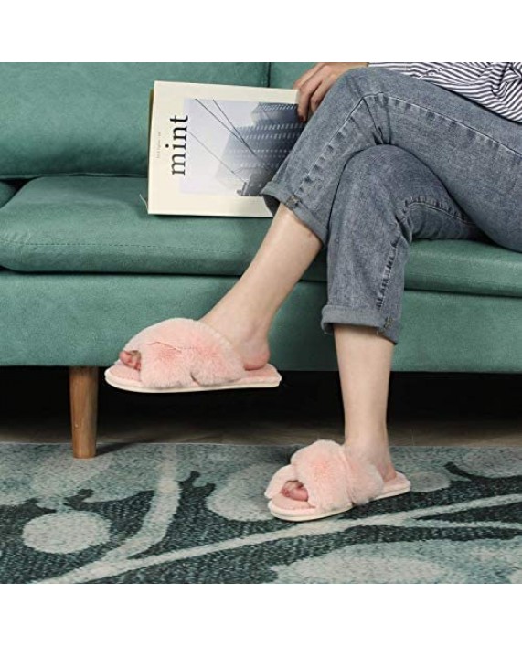 Cozyfurry Women's Fuzzy Slippers Cross Band Soft Plush Cozy House Shoes Furry Open Toe Indoor or Outdoor Slip on Warm Breathable Anti-Skid Sole
