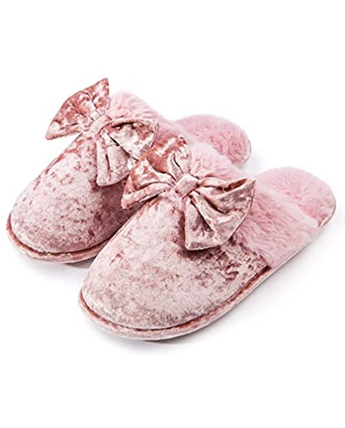 DL Womens-House-Slippers-Memory-Foam Fluffy Velvet Slip on Scuff Slippers for Women Indoor Warm Furry Ladies Bedroom Slippers with Non Slip Outsole Pink Gray
