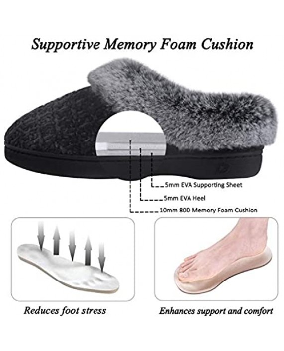 DL Women's House Slippers with Fuzzy Plush Faux Fur Collar Memory Foam Slip on House Shoes with Indoor Outdoor Anti-Skid Rubber Sole