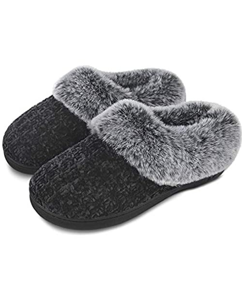 DL Women's House Slippers with Fuzzy Plush Faux Fur Collar Memory Foam Slip on House Shoes with Indoor Outdoor Anti-Skid Rubber Sole