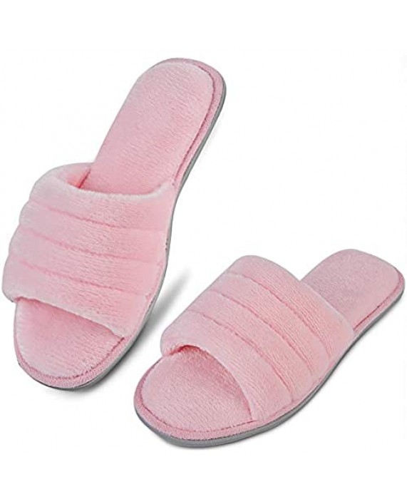 DL Women's Memory Foam Open Toe Slide Slippers with Cozy Terry Lining Slip-on House Shoes Spa Mules Sandals with Indoor Outdoor Anti-Skid Rubber Sole