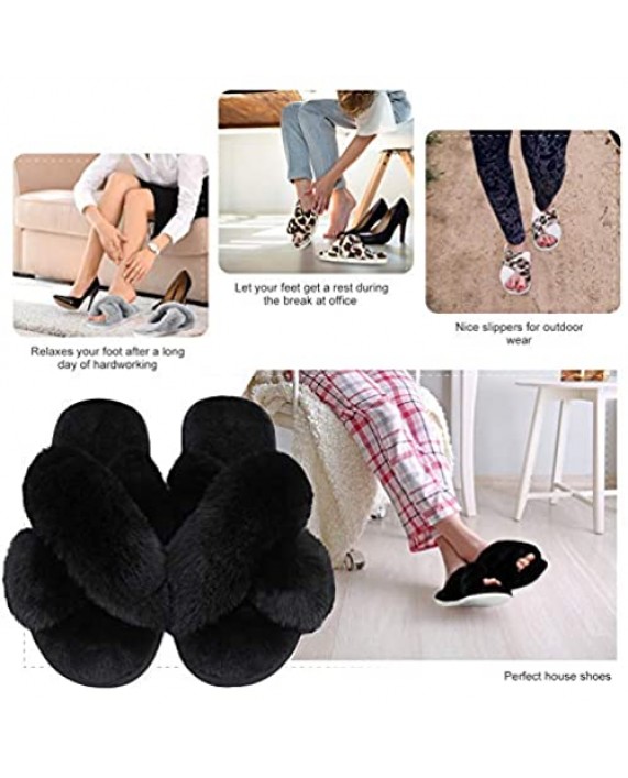 DOIOWN Women's Fuzzy Slippers Cross Band Fluffy Slippers Faux Fur Slippers Plush House Open Toe Cozy Slippers for Women