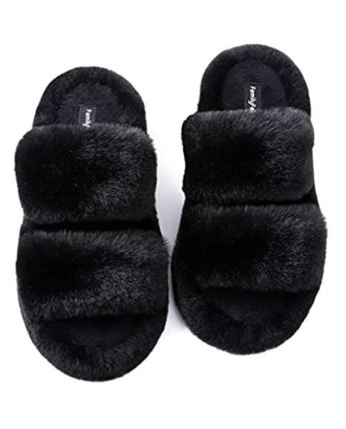 FamilyFairy Fluffy Faux Fur Slippers Comfy Open Toe Two Band Slides with Fleece Lining and Rubber Sole