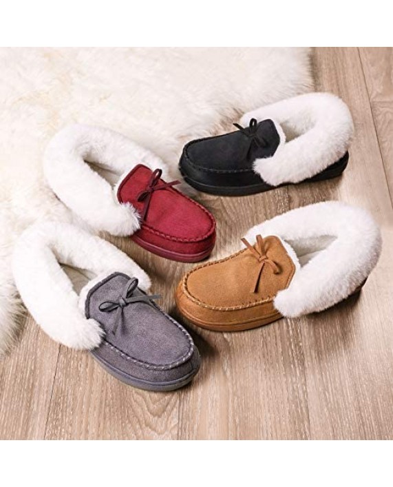 HomeIdeas Women's Faux Fur Lined Suede Moccasin Memory Foam House Slippers Fuzzy Warm Indoor Outdoor Bedroom Shoes