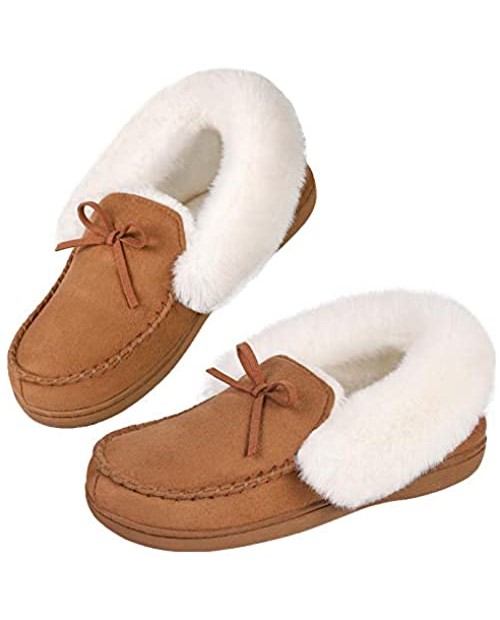 HomeIdeas Women's Faux Fur Lined Suede Moccasin Memory Foam House Slippers Fuzzy Warm Indoor Outdoor Bedroom Shoes