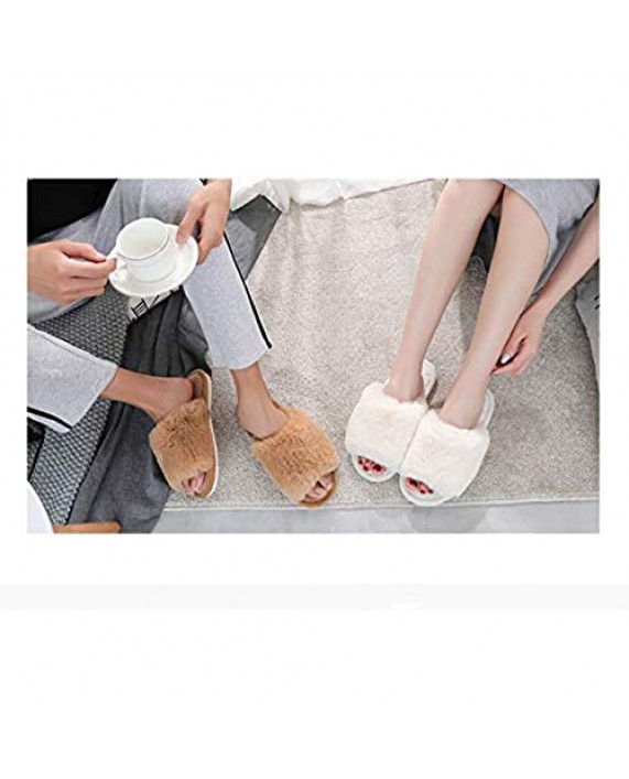 HUMIWA Women's Fuzzy Fur Flat Slippers Soft Open Toe House Slippers Memory Foam Sandals Slides Home Slippers for Girls Men Indoor Outdoor