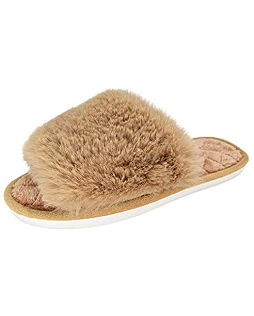 HUMIWA Women's Fuzzy Fur Flat Slippers Soft Open Toe House Slippers Memory Foam Sandals Slides Home Slippers for Girls Men Indoor Outdoor