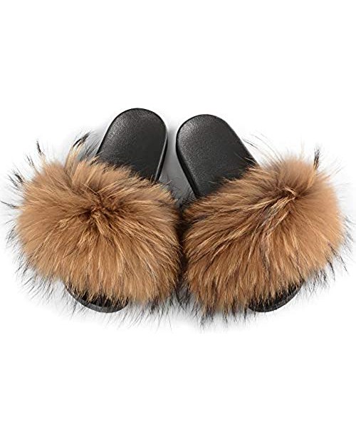 Jancoco Max Womens Luxury Real Raccoon Fur Slides Slippers Furry Sliders Fashion Flat Soles Soft Summer Flip Flop Sandals