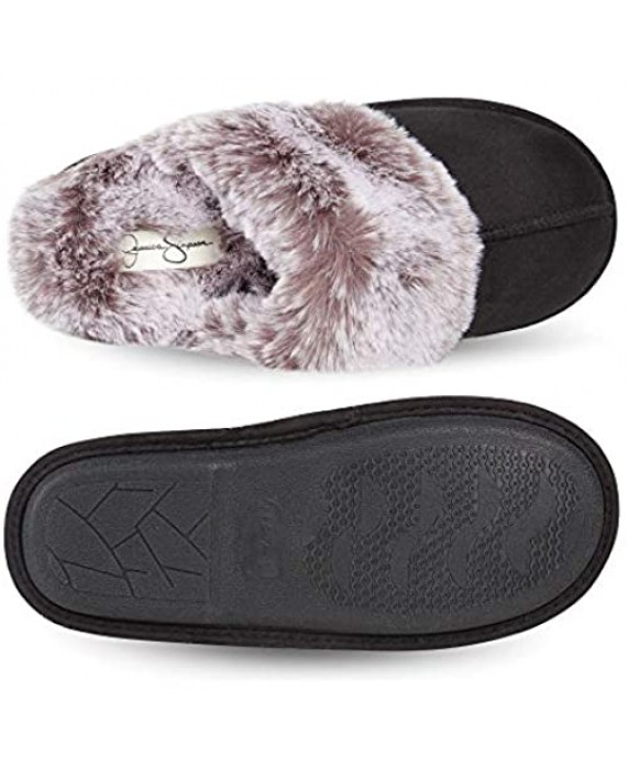 Jessica Simpson Women's Comfy Faux Fur House Slipper Scuff Memory Foam Slip on Anti-Skid Sole