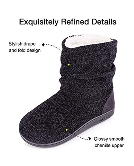 LongBay Women's Chenille Knit Bootie Slippers Cute Plush Fleece Memory Foam House Shoes