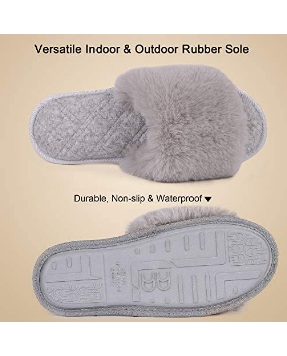 LongBay Women's Fuzzy Faux Fur Memroy Foam Flat Spa Slide Slippers Open Toe House Shoes Sandals